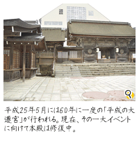 平成25年5月には60年に一度の「平成の大遷宮」が行われる。現在、その一大イベントに向けて本殿は修復中。